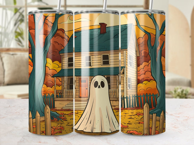 Fall Haunted House Ghost Sublimation Tumbler Wrap Sublimation Fine Purple Elephant Creations 