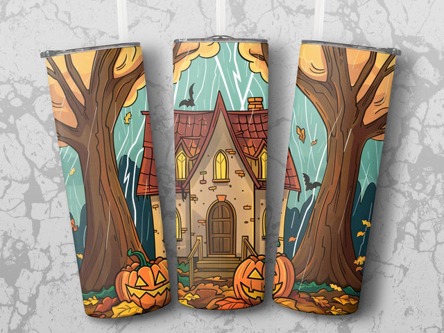 Fall Haunted House Lightning Sublimation Tumbler Wrap Sublimation Fine Purple Elephant Creations 
