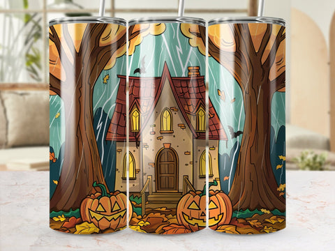 Fall Haunted House Lightning Sublimation Tumbler Wrap Sublimation Fine Purple Elephant Creations 