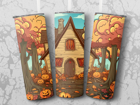 Fall Haunted House Pumpkin Forest Sublimation Tumbler Wrap Sublimation Fine Purple Elephant Creations 