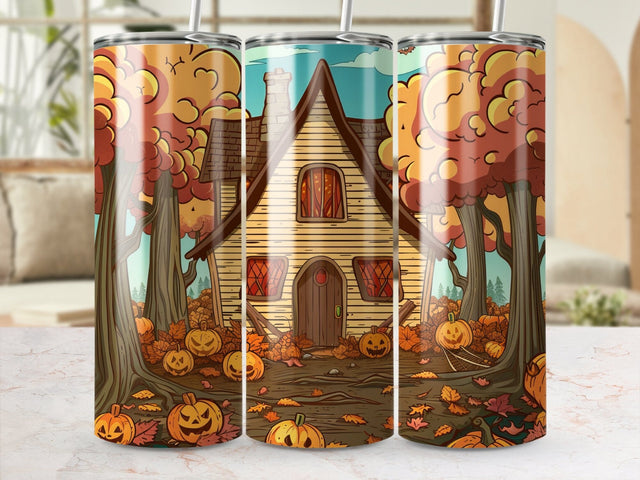 Fall Haunted House Pumpkin Forest Sublimation Tumbler Wrap Sublimation Fine Purple Elephant Creations 