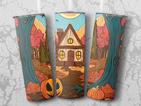 Fall Haunted House Pumpkin Sublimation Tumbler Wrap Sublimation Fine Purple Elephant Creations 