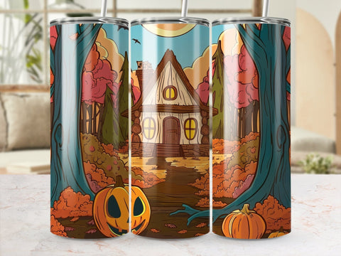 Fall Haunted House Pumpkin Sublimation Tumbler Wrap Sublimation Fine Purple Elephant Creations 