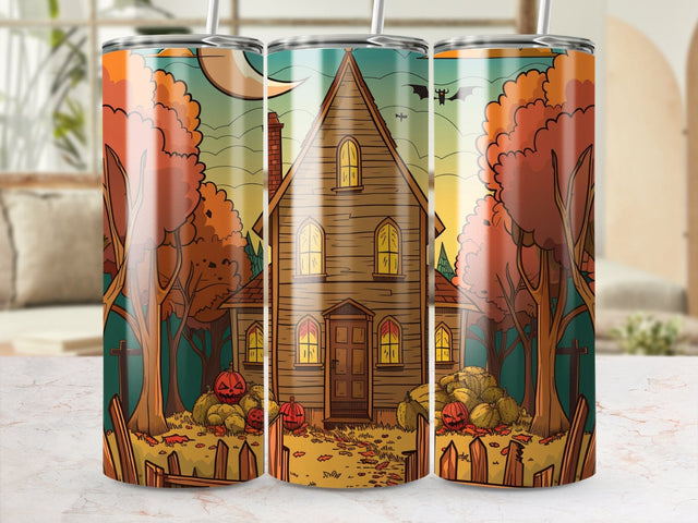 Fall Haunted House Sublimation Tumbler Wrap Sublimation Fine Purple Elephant Creations 