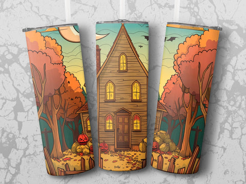 Fall Haunted House Sublimation Tumbler Wrap Sublimation Fine Purple Elephant Creations 