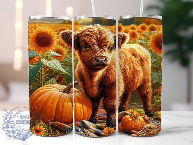 Fall Highland Cow 20oz Skinny Tumbler PNG, Farm Pumpkins Flowers Tumbler Sublimation Wrap, Straight & Tapered Tumbler Wrap, Instant Digital Download Sublimation ToriDesigns 