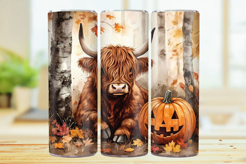 Fall Highland Cow 20oz Skinny Tumbler Wrap Sublimation Design. Sublimation CosmosFineArt 