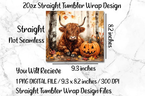 Fall Highland Cow 20oz Skinny Tumbler Wrap Sublimation Design. Sublimation CosmosFineArt 