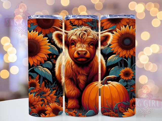 Fall Highland Cow 20oz Tumbler Wrap Sublimation Design, Straight Tapered Tumbler Wrap, Farm Pumpkins Flowers Tumbler Png, Instant Digital Download Sublimation SvggirlplusArt 