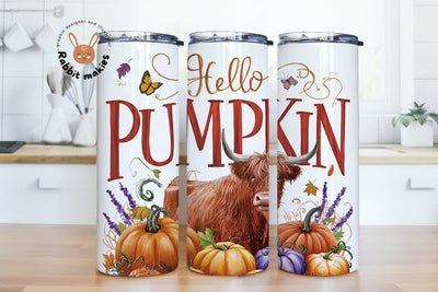 Fall Highland Cow Tumbler Wrap, Hello Pumpkin 20oz Skinny Tumbler Sublimation Design, Fall Highland Cow Tumbler Wrap PNG, Fall Tumbler Sublimation Rabbitmakies 