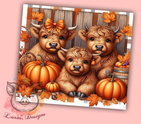 Fall Highland Cows 20 oz Skinny Tumbler Sublimation Design, Straight & Tapered Tumbler Png, Country Farm Autumn Leaves Tumbler Png, Digital Download PNG Sublimation Lara' s Designs 