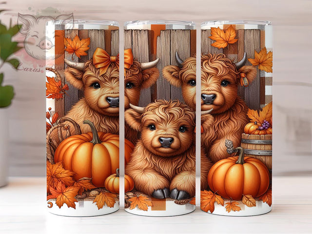 Fall Highland Cows 20 oz Skinny Tumbler Sublimation Design, Straight & Tapered Tumbler Png, Country Farm Autumn Leaves Tumbler Png, Digital Download PNG Sublimation Lara' s Designs 