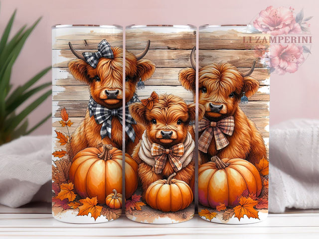 Fall Highland Cows 20 oz Skinny Tumbler Sublimation Design, Straight & Tapered Tumbler Png, Country Farm Autumn Leaves Tumbler Png, Digital Download PNG Sublimation Li Zamperini 