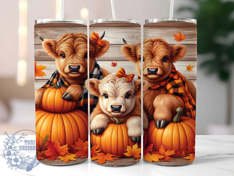 Fall Highland Cows 20oz Skinny Tumbler PNG, Highland Cow Autumn Pumpkin Tumbler Sublimation Wrap, Straight & Tapered Tumbler Wrap, Instant Digital Download Sublimation ToriDesigns 