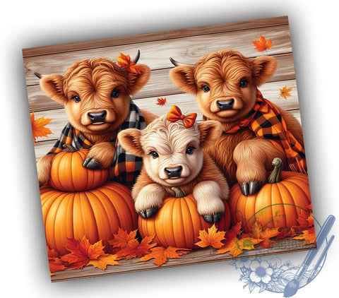 Fall Highland Cows 20oz Skinny Tumbler PNG, Highland Cow Autumn Pumpkin Tumbler Sublimation Wrap, Straight & Tapered Tumbler Wrap, Instant Digital Download Sublimation ToriDesigns 