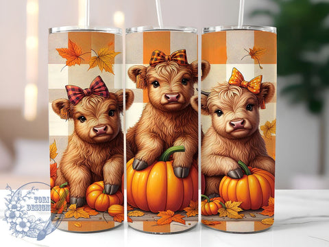 Fall Highland Cows 20oz Skinny Tumbler PNG, Highland Cow Autumn Pumpkin Tumbler Sublimation Wrap, Straight & Tapered Tumbler Wrap, Instant Digital Download Sublimation ToriDesigns 