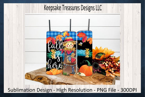 Fall Is Here Scarecrow 20oz Straight Tumbler Wrap, Car Coaster, Round Coaster, Sublimation PNG, Digital Download Sublimation Keepsake Treasures Designs LLC. 