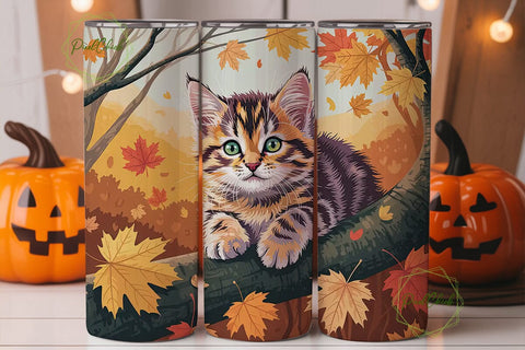 Fall Kitten Leaves 20oz Tumbler Wrap Sublimation PixelChick 