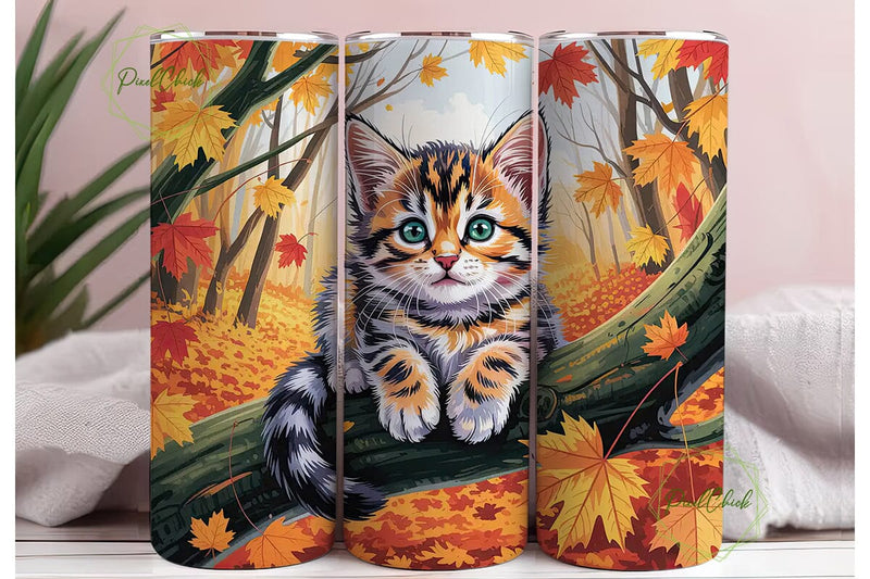 Fall Kitten Leaves 20oz Tumbler Wrap Sublimation PixelChick 