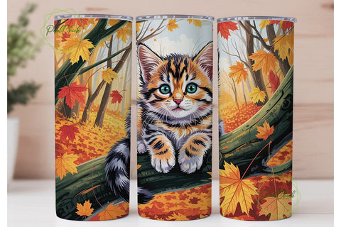 Fall Kitten Leaves 20oz Tumbler Wrap Sublimation PixelChick 