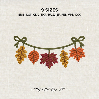 Fall Leaves Garland Embroidery Design – Autumn Leaf Banner with Bows Thanksgiving Machine Embroidery File Embroidery/Applique DESIGNS PatternFeed8 
