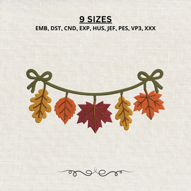 Fall Leaves Garland Embroidery Design – Autumn Leaf Banner with Bows Thanksgiving Machine Embroidery File Embroidery/Applique DESIGNS PatternFeed8 