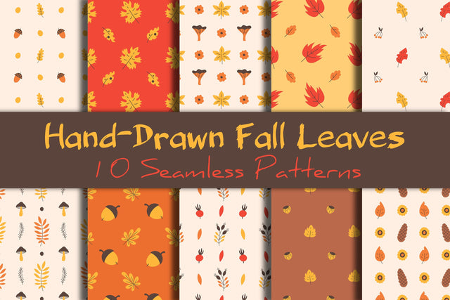 Fall Leaves Hand Drawn Seamless Patterns Digital Pattern Rin Green 