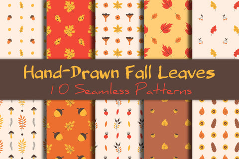 Fall Leaves Hand Drawn Seamless Patterns Digital Pattern Rin Green 