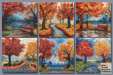 Fall Leaves Quilling Pattern Digital Paper | Halloween Thanksgiving Digital Pattern Fine Purple Elephant Creations 