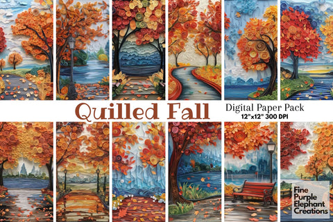 Fall Leaves Quilling Pattern Digital Paper | Halloween Thanksgiving Digital Pattern Fine Purple Elephant Creations 
