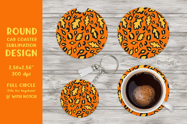 Fall leopard car coaster sublimation. Round coaster PNG 06 Sublimation LaBelezoka 