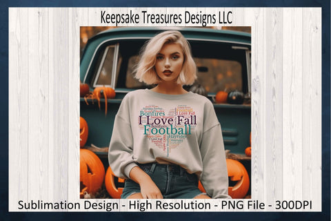Fall Love Football Heart Shaped Word Cloud in Autumn Colors Sublimation Keepsake Treasures Designs LLC. 