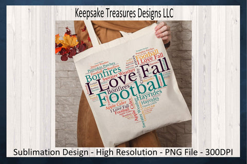 Fall Love Football Heart Shaped Word Cloud in Autumn Colors Sublimation Keepsake Treasures Designs LLC. 