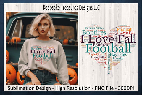 Fall Love Football Heart Shaped Word Cloud in Autumn Colors Sublimation Keepsake Treasures Designs LLC. 