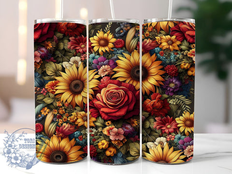 Fall Maroon and Yellow Flowers 20oz Skinny Tumbler, Autumn Flowers Tumbler Png, Straight & Tapered Tumbler Wrap, Instant Digital Download Sublimation ToriDesigns 