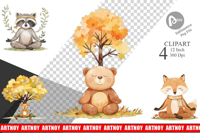Fall Meditating Animals Clipart Sublimation artnoy 