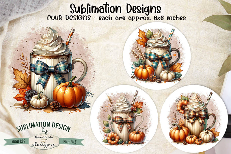 Fall Mugs with Bows Pumpkins Sublimation Designs | Fall PNG Sublimation Ewe-N-Me Designs 
