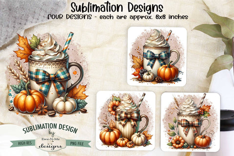 Fall Mugs with Bows Pumpkins Sublimation Designs | Fall PNG Sublimation Ewe-N-Me Designs 