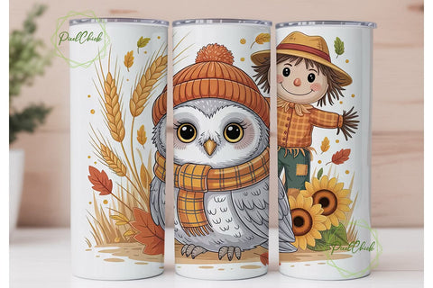 Fall Owl & Scarecrow 20oz Tumbler Wrap Sublimation PixelChick 