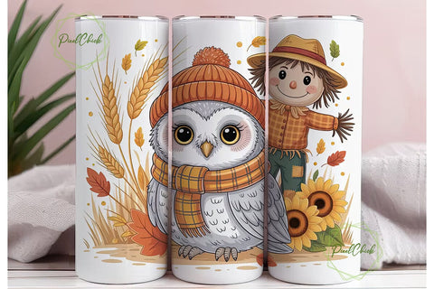 Fall Owl & Scarecrow 20oz Tumbler Wrap Sublimation PixelChick 