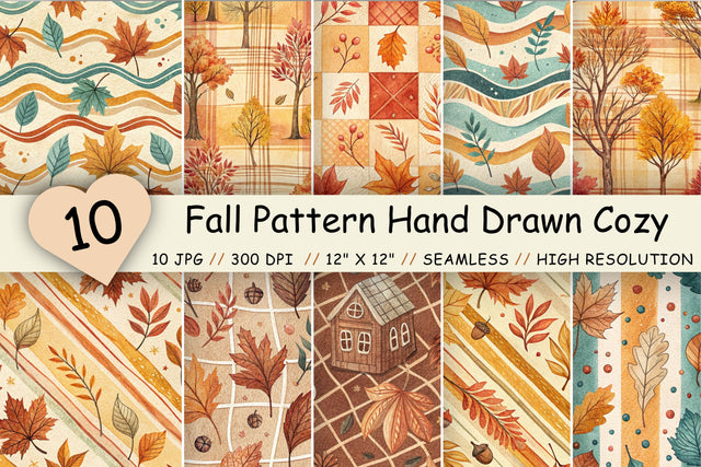 Fall Pattern Hand Drawn Cozy Paper, Seamless Watercolor Bundle Pack, Printable Scrapbook Paper, Autumn Stripe Plaid Design Collection Digital Pattern FloridPrintables 