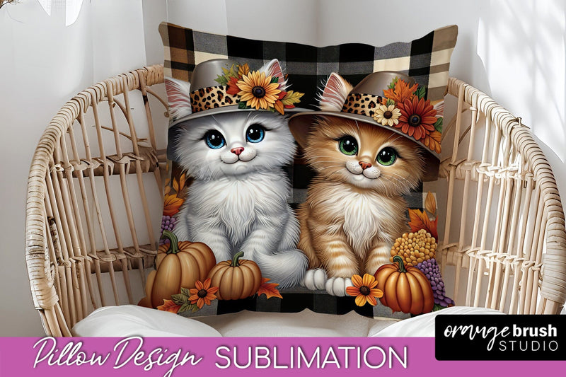 Fall Pillow Cover - Autumn Cute Cat Pillow Sublimation Sublimation OrangeBrushStudio 