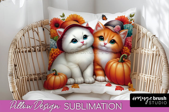 Fall Pillow Cover - Autumn Cute Cat Pillow Sublimation Sublimation OrangeBrushStudio 