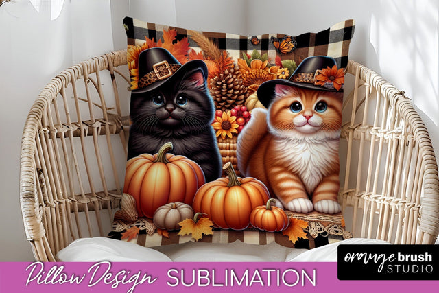 Fall Pillow Cover - Autumn Cute Cat Pillow Sublimation Sublimation OrangeBrushStudio 
