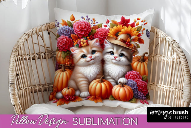 Fall Pillow Cover - Autumn Cute Cat Pillow Sublimation Sublimation OrangeBrushStudio 