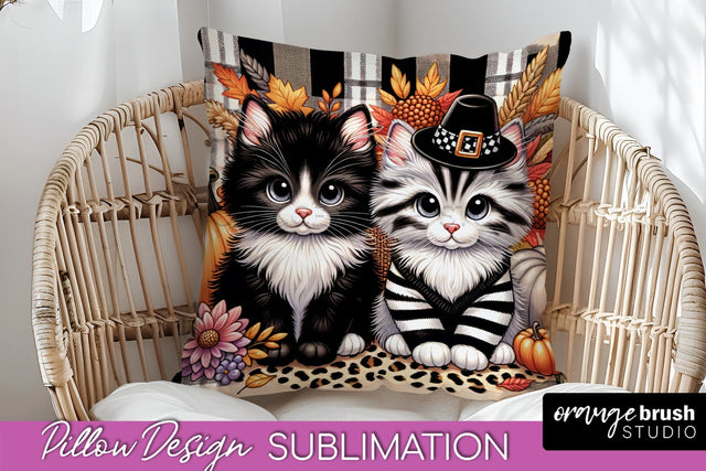 Fall Pillow Cover - Autumn Cute Cat Pillow Sublimation Sublimation OrangeBrushStudio 