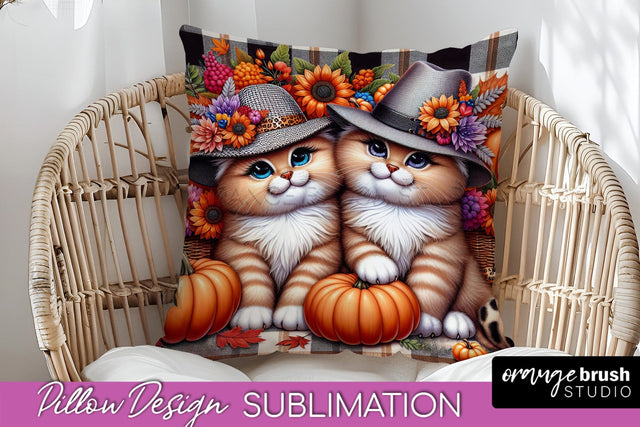 Fall Pillow Cover - Autumn Cute Cat Pillow Sublimation Sublimation OrangeBrushStudio 