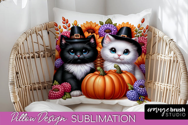 Fall Pillow Cover - Autumn Cute Cat Pillow Sublimation Sublimation OrangeBrushStudio 