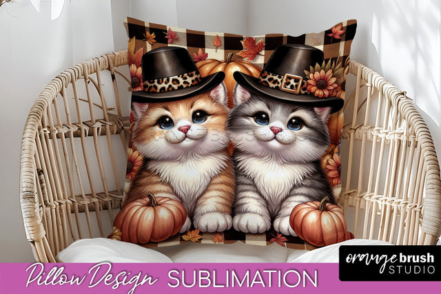 Fall Pillow Cover - Autumn Cute Cat Pillow Sublimation Sublimation OrangeBrushStudio 