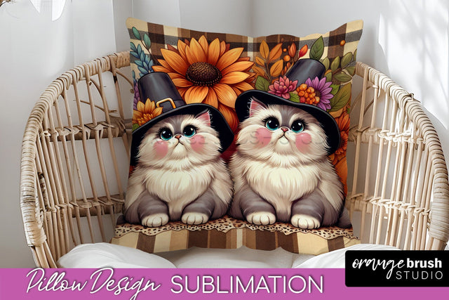 Fall Pillow Cover - Autumn Cute Cat Pillow Sublimation Sublimation OrangeBrushStudio 